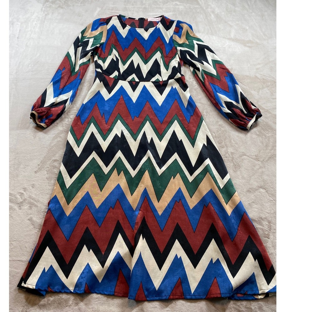 Traffic People Mood Dress Multicolor Chevron Zigzag Long Sleeve Midi Women Small